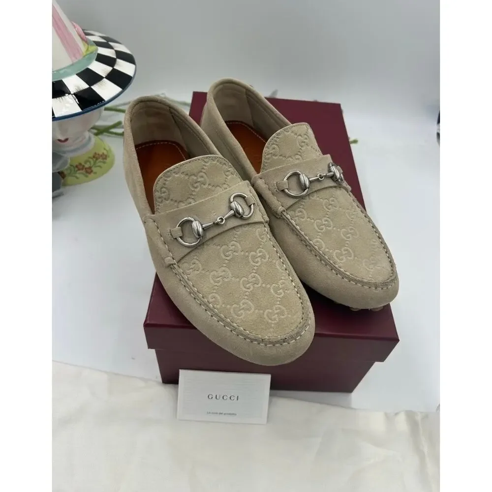 Men's Gucci suede oatmeal GG embossed driver loafers size 8 fits 8.5 US